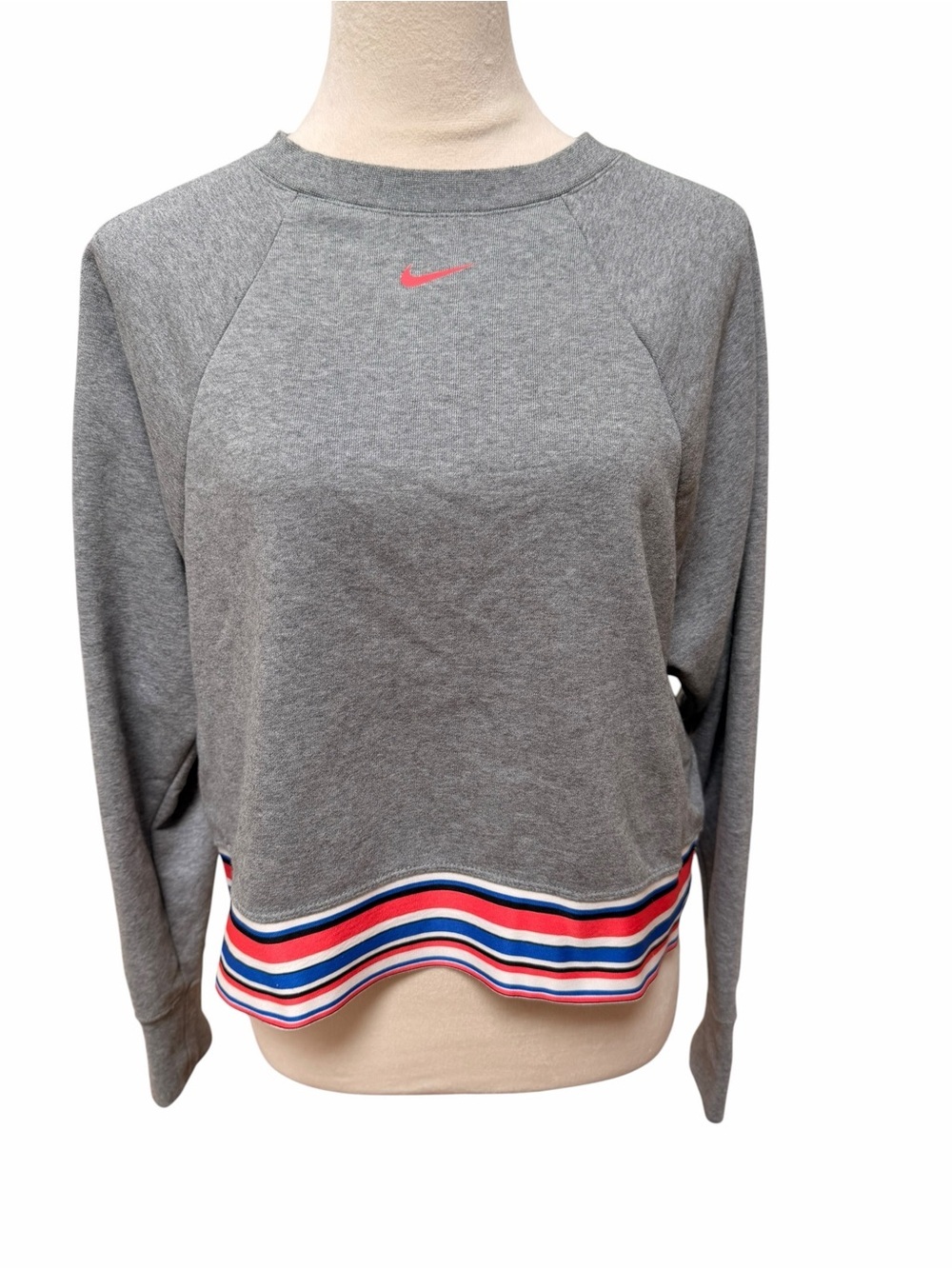 Nike Gray Small Logo Striped Hem Pullover Crew Training Sweatshirt Top Dri-Fit